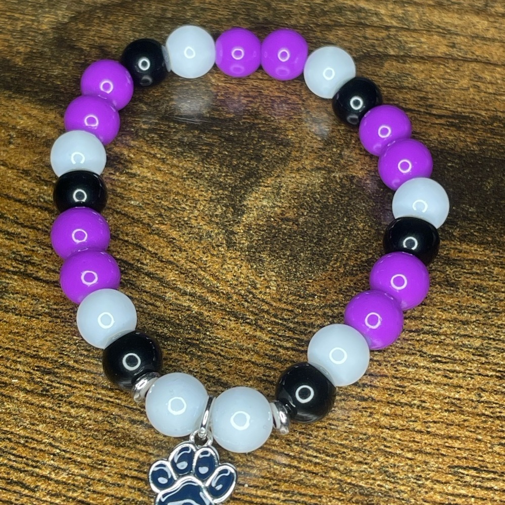 🐾 Purple, White, and Black Beaded Bracelet with Paw Charm